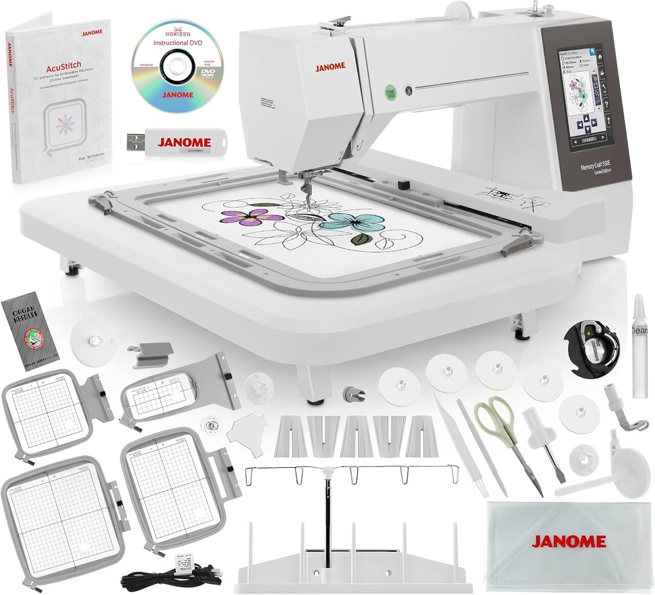 Janome Memory Craft 550e LE Embroidery Machine Bundle - Includes Genuine 5-Spool Thread Stand, Janome 3.9" x 1.6" Hoop, Acustitch Software + Janome USB Flash Drive w/ 30 Embroidery Designs